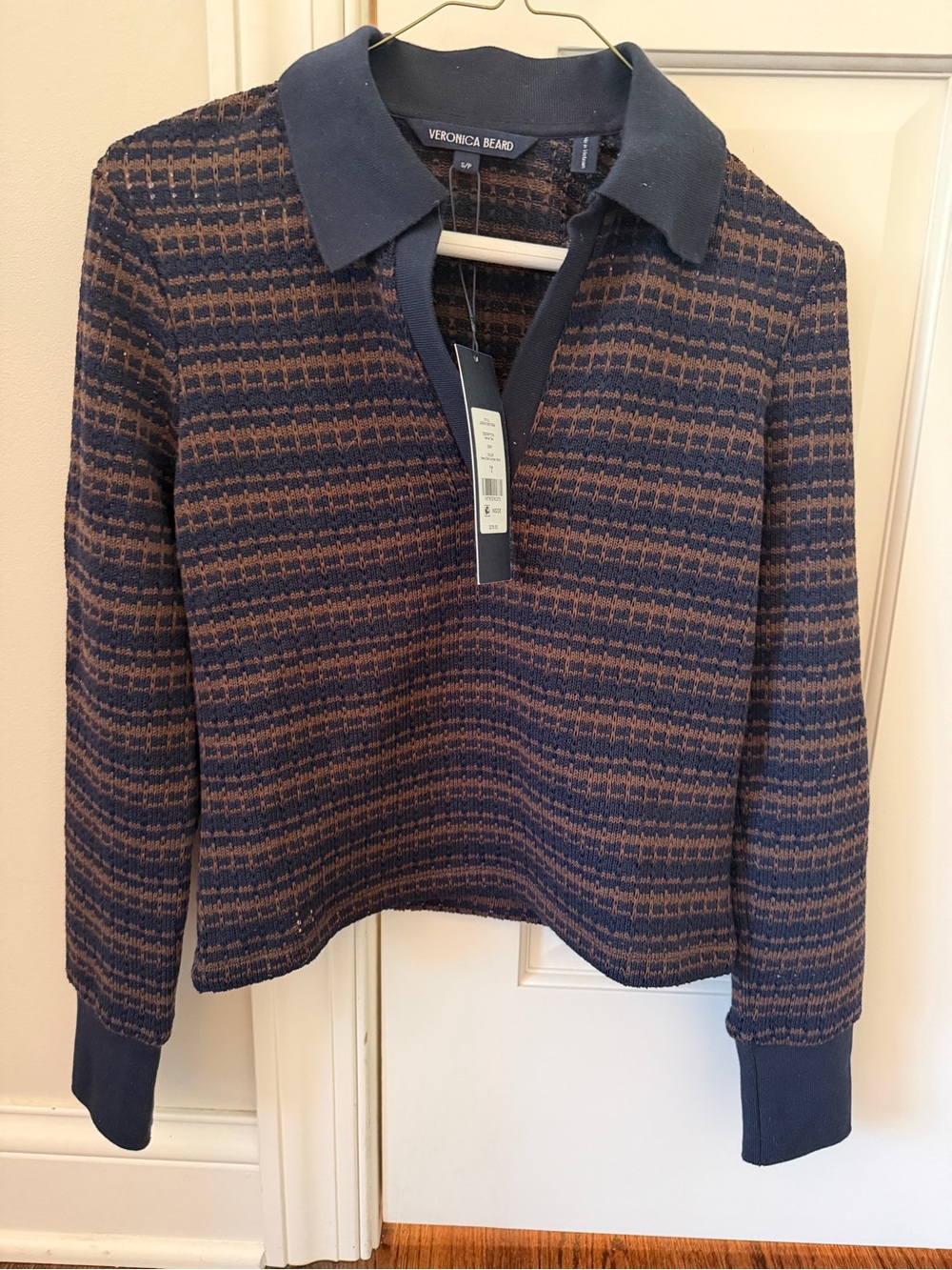 NWT Veronica Beard Navy and Brown Multi Knit Polo Sweater